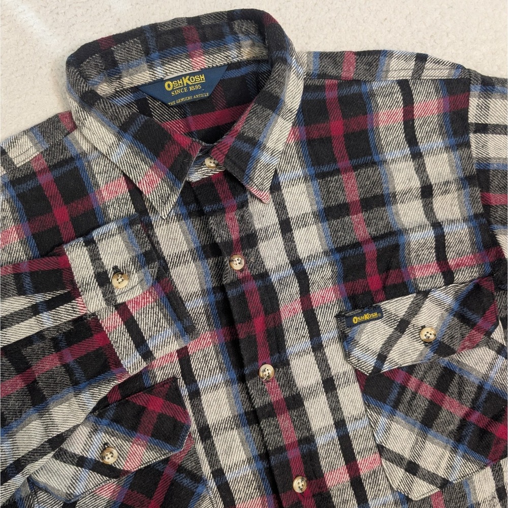 Vintage OshKosh B'gosh Shirt Men's Large L Multi Black Heavy‎ Flannel Pockets